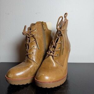 Michael Kors Tan Lace-Up Wedge Ankle Booties with Side Zip